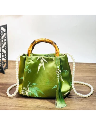 Mocoer Embroidery Leaves Bamboo Handle Pearl Crossbody Bag Hangbags