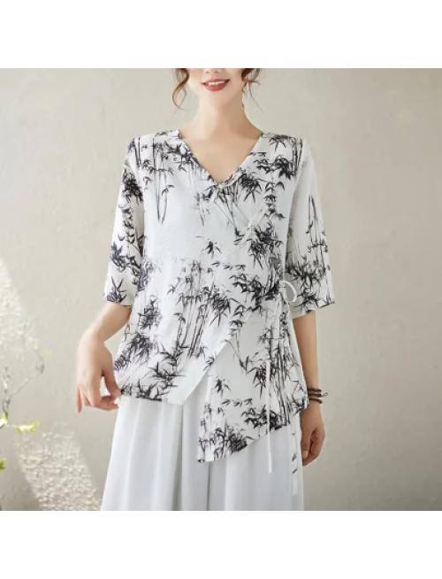 Mocoer Ink Bamboo Leaves Print V-Neck Lace-up Frog-Button Shirt T-shirt Tee