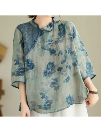 Mocoer Blue Jacaranda Flower Design Three Quarter Sleeve Ramie Linen Shirt