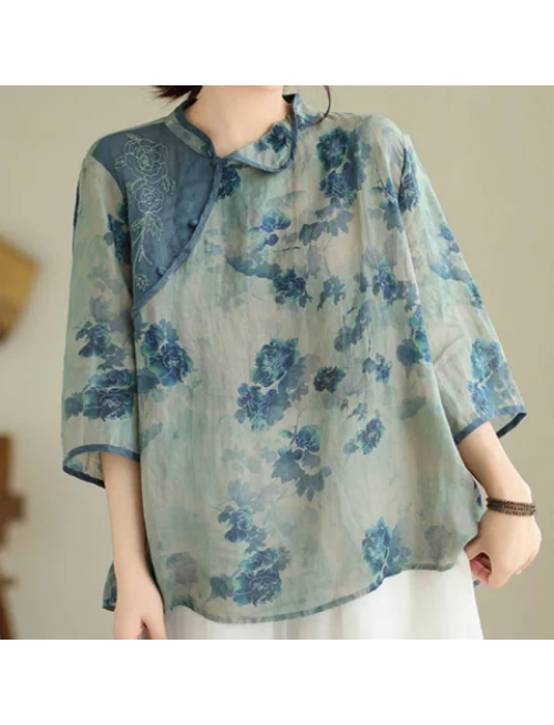 Mocoer Blue Jacaranda Flower Design Three Quarter Sleeve Ramie Linen Shirt