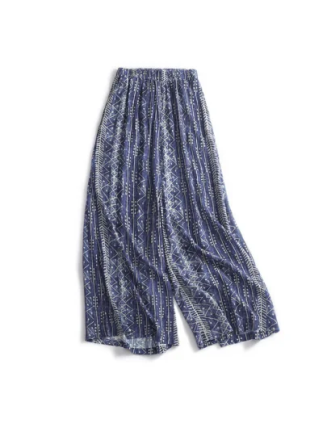 Mocoer Blue Stripes Print Cotton Linen Wide Leg Pants With Pockets