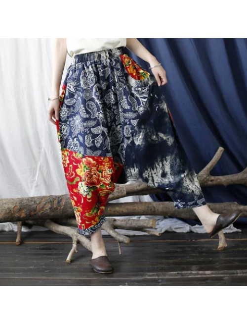 Mocoer Blue Red Peony Flowers Patchwork Cotton Linen Harem Pants With Pockets