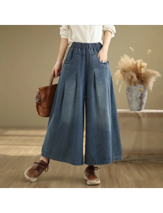 Mocoer Fall Vintage Distressed Design High Waist Women's Wide Leg Pants With Pockets