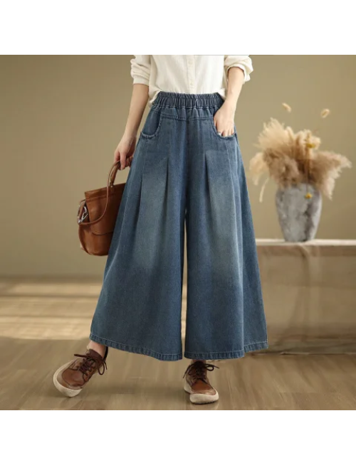 Mocoer Fall Vintage Distressed Design High Waist Women's Wide Leg Pants With Pockets