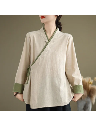 Mocoer Fall Solid Color Hanfu Long Sleeve Lace Up Women's Shirt