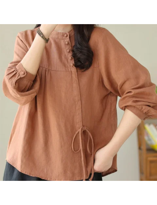 Mocoer Fall Casual Solid Color Stand Collar Long Sleeve Cotton Linen Women's Shirt