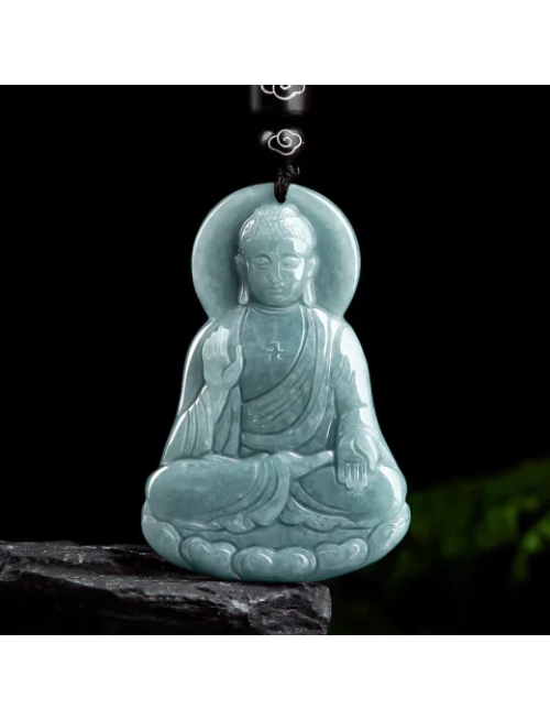 Mocoer Amitabha Buddha Natural Jade Lotus Amulet Compassion String Necklace Pendant