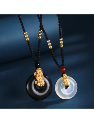 Mocoer Black Onyx White Agate Peace Buckle 999 Sterling Silver Gold PiXiu Fortune Necklace Pendant