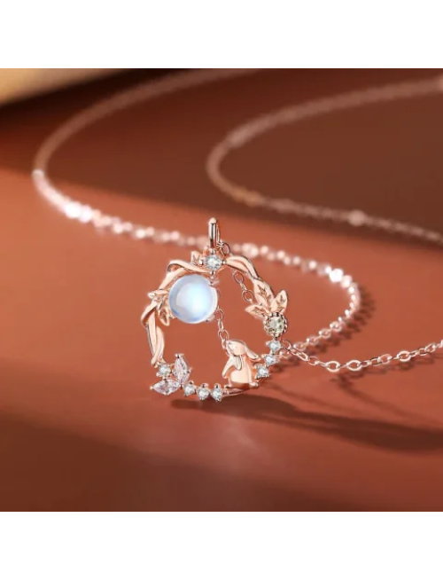 Mocoer 925 Sterling Silver Year of the Rabbit Moonstone Moon Flower Pattern Necklace Pendant Bracelet Earrings