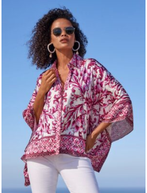 Bella Vita Border Print Roxy Poncho Charmeuse Blouse Pink Multi