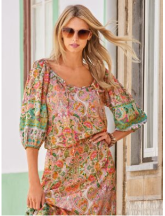 Boho Beach Club Print Blouson Blouse Multi