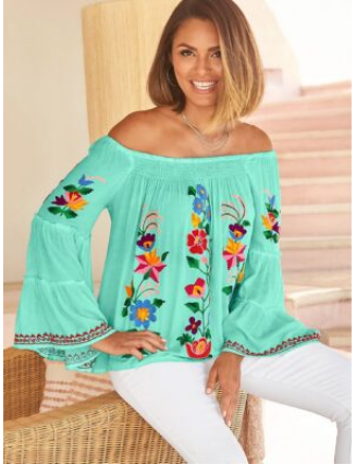 Bright Floral Embroidered Tiered Sleeve Off The Shoulder Blouse Mint Multi