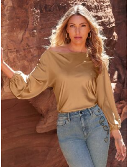 Abby Boat Neck Long Sleeve Charmeuse Blouse Champagne