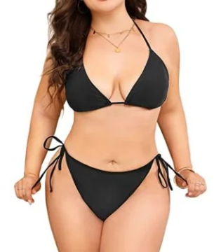 2 Piece Plus Size Triangle Bikini Halter Tie Side for Women-Black