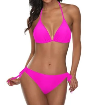 Adjustable Neck And Back Ties Halter Padded Top 2 Piece Bikini Sets-Neon Pink
