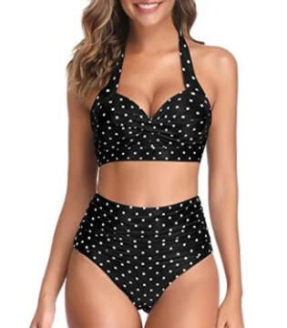 Adjustable Self-Tie Halter Neck Vintage High Waisted Bikini-Black Dot