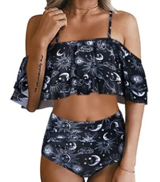 Attractive Off Shoulder High Waisted Ruffle Bikini Set-Black Sun And Moon