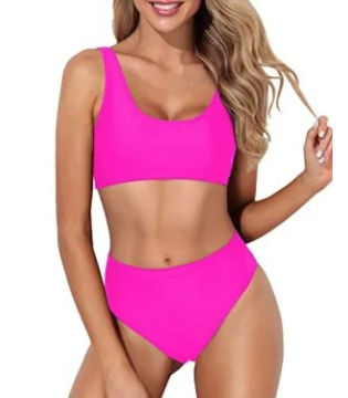 Cheeky High Waisted Bathing Suit Crop Top High Cut Swimsuit-Neon Pink