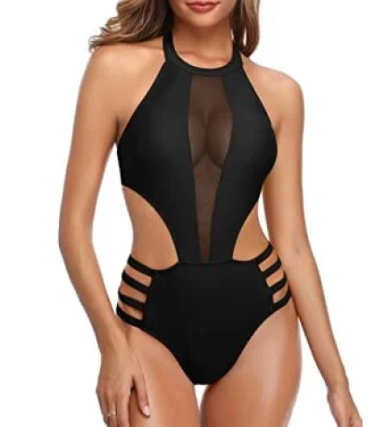 Mesh Patchwork Bust Design Sexy One Piece Bathing Suit For Women-Black