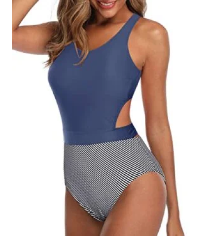 Modest Swimsuit Flattering Women One Piece Swimsuits-Blue White Stripe