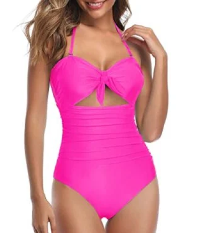Removable Adjustable Halter Retro High Waist Swimsuits-Neon Pink