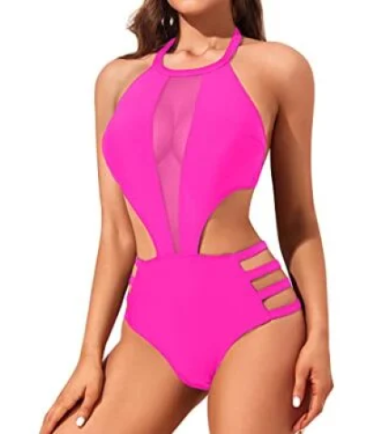 Removable Padded Push Up Bra One Piece Monokini Swimwear-Neon Pink