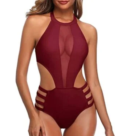 Removable Push Up Bra Mesh Cutout One Piece Monokini Swimwear-Maroon