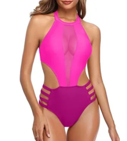 Sexy Mesh Cutout High Neck Halter One Piece Monokini Swimwear-Phosphor And Dark Pink