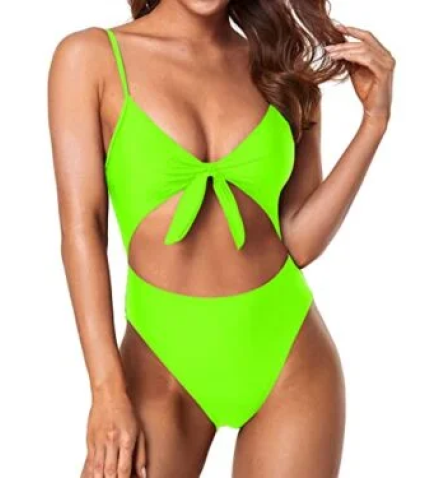 Spaghetti Strap Adjustable Tie Knot Front V Neck 1 Piece Swimsuits-Neon Green