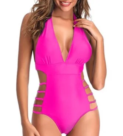 Stunning Plunge V Neck Monokini High Leg Cut Out String Swimwear-Neon Pink