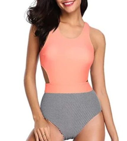 Tropical Printed Pattern Tummy Control Cutout Monokini-Coral Pink Stripe