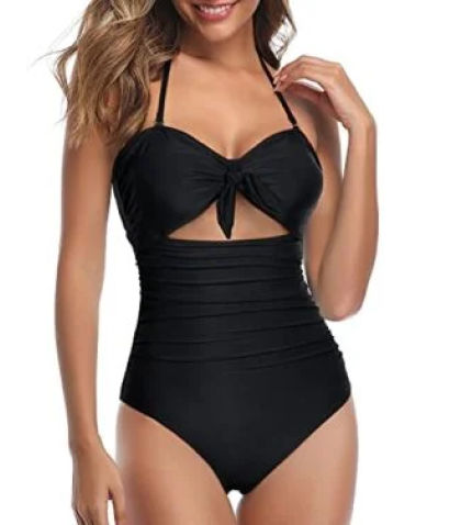 Tummy Control High Waisted Halter Sexy Cutout One Piece Swimsuits-Black