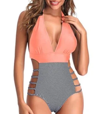 Women Sexy One Piece Swimsuits Cutout Monokini Plunge V Neck Halter Bathing Suits-Coral Pink Stripe