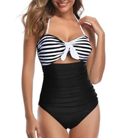 High Waisted Halter Retro High Waist Swimsuits-Black And White Stripe
