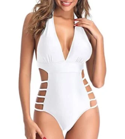 Low Back Plunge V Neck Halter Bathing Suits Backless One Piece Swimsuits-White