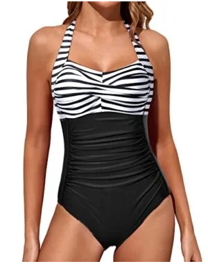 Adjustable Halter Neck Swimsuits Halter Vintage Swimwear-Black And White Stripe