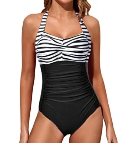 Adjustable Halter Neck Swimsuits Halter Vintage Swimwear-Black And White Stripe