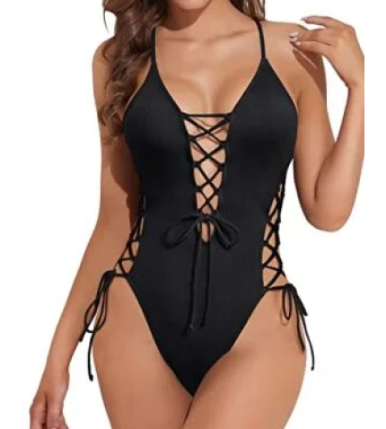 Deep Plunge V Neck Sexy One Piece Swimsuit For Women-Black