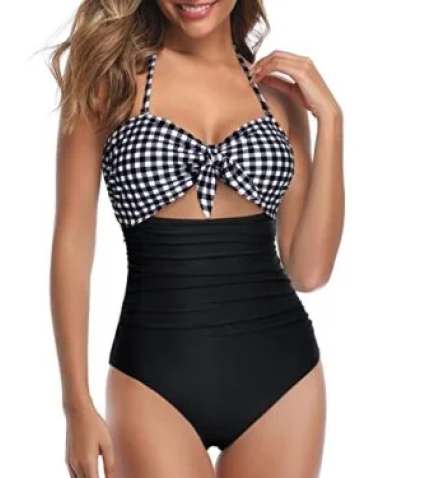 Halter Front Tie Knot Bathing Suit Retro High Waist Swimsuits-Black And White Checkered