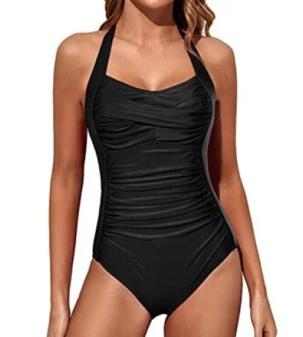 Halter Vintage Swimwear Slimming One Piece Swimwear-Black
