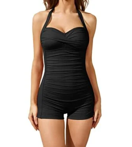 Retro Bathing Suit Halter Swimwear Shorts Boyleg-Black