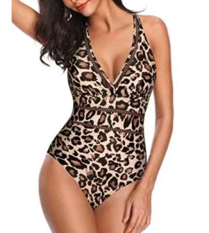 Tummy Control Mesh Hollow Out One Piece Swimsuits-Leopard