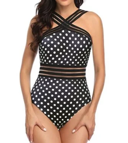 Tummy Control Mesh Panel Sexy One Piece Swimsuits-Black Dot