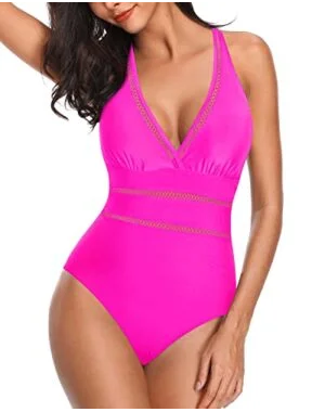 Backless Mesh Hollow Out Halter One Piece Swimsuit-Neon Pink