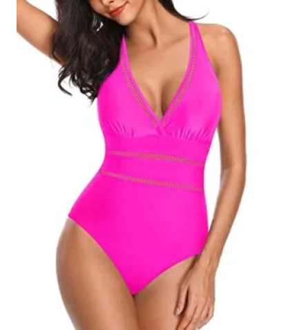 Backless Mesh Hollow Out Halter One Piece Swimsuit-Neon Pink