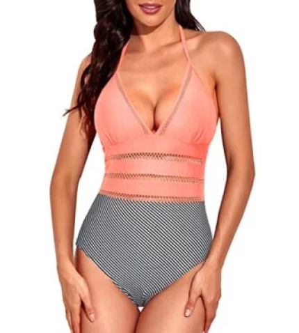 Vintage Removable Soft Bra Padded Tie Knot Back Bathing Suit-Coral Pink Stripe