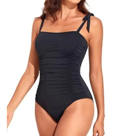 Women Tummy Control One Piece Swimsuits Halter Vintage Swimwear-Black