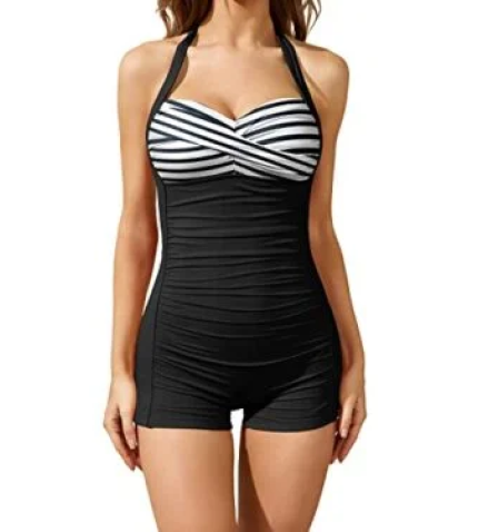 Boyleg Tummy Control Swimwear Retro One Piece Swimsuits-Black And White Stripe