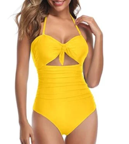 Chic High Waisted Halter Front Tie Knot One Piece Cutout Swimsuits-Neon Yellow