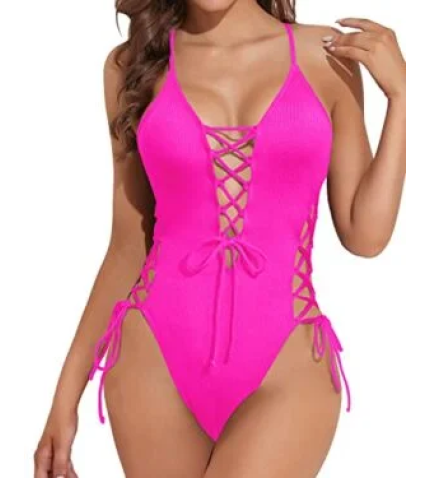 Criss Cross Strappy Sexy One Piece Swimsuit For Women-Neon Pink